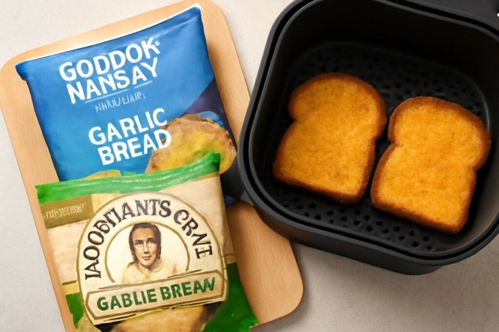 Best frozen garlic bread for air fryer, featuring Gordon Ramsay’s and Newman’s Own brands, showcasing golden crispy garlic bread texture.