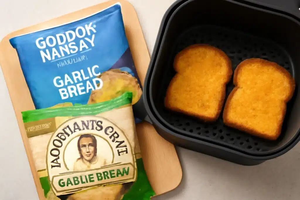 Best frozen garlic bread for air fryer, featuring Gordon Ramsay’s and Newman’s Own brands, showcasing golden crispy garlic bread texture.
