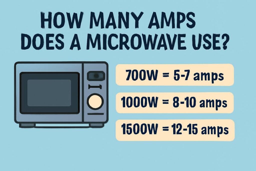 "Microwave wattage to amp usage chart comparing 700W, 1000W, and 1500W models."