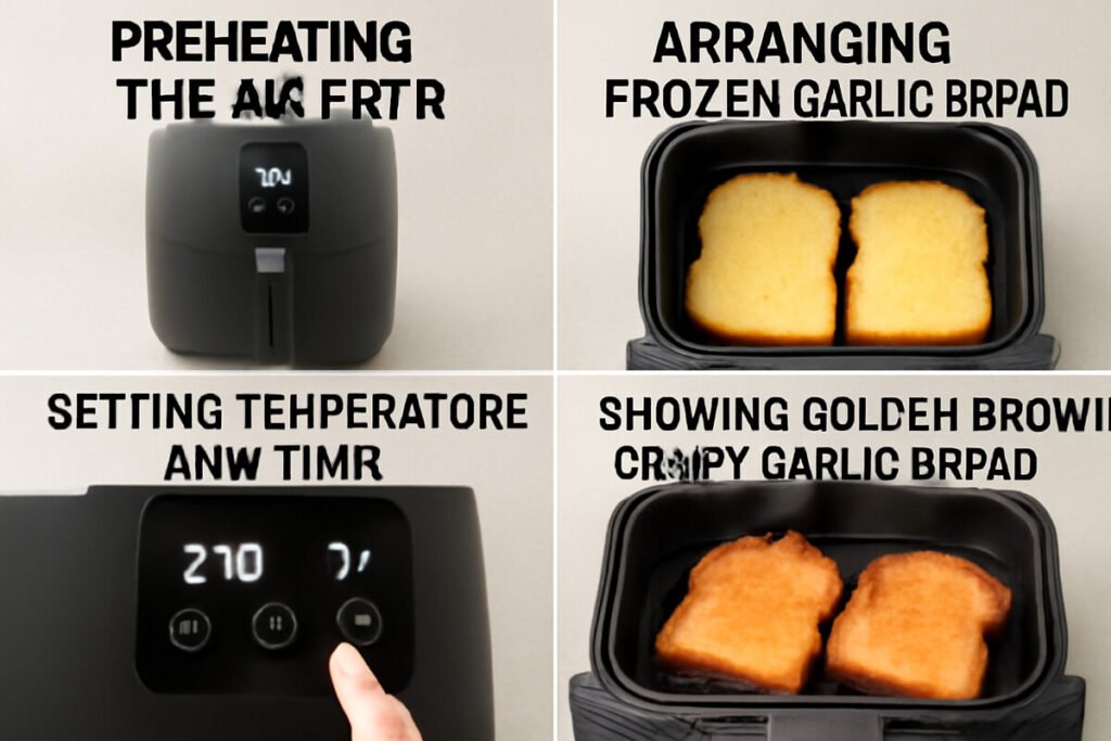 Step-by-step guide for cooking frozen garlic bread in air fryer, from preheating to crispy golden results.