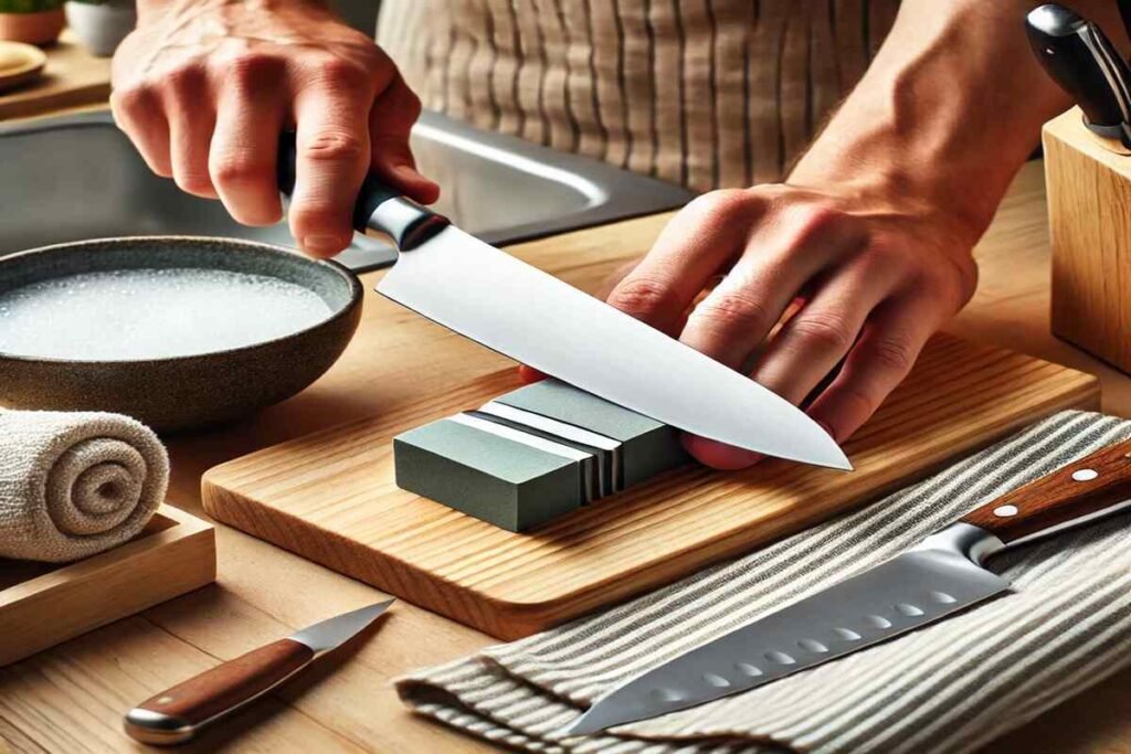 “How to maintain and sharpen a paring knife – using a honing rod and sharpening stone, with cleaning tools in a kitchen setup.”
