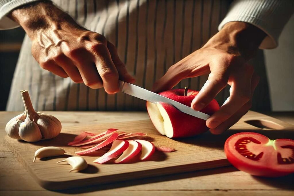 “How to use a paring knife for peeling and slicing – person peeling apple and slicing garlic and tomato with small kitchen knife.”