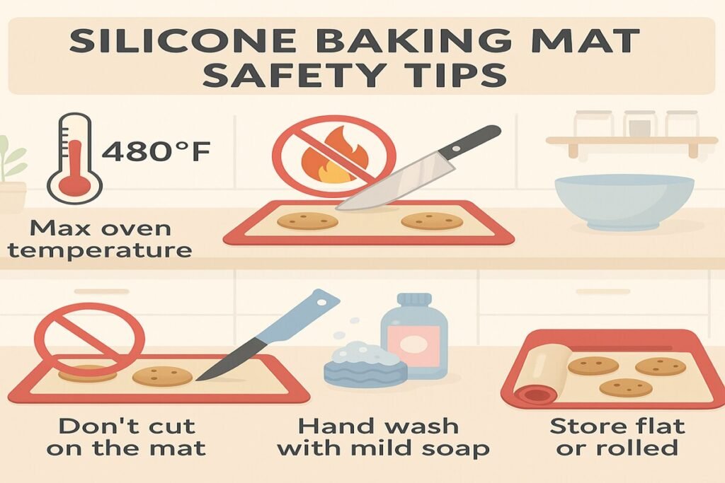 Visual checklist showing safety tips for using silicone baking mats, including temperature limits, storage advice, cutting warnings, and cleaning instructions.