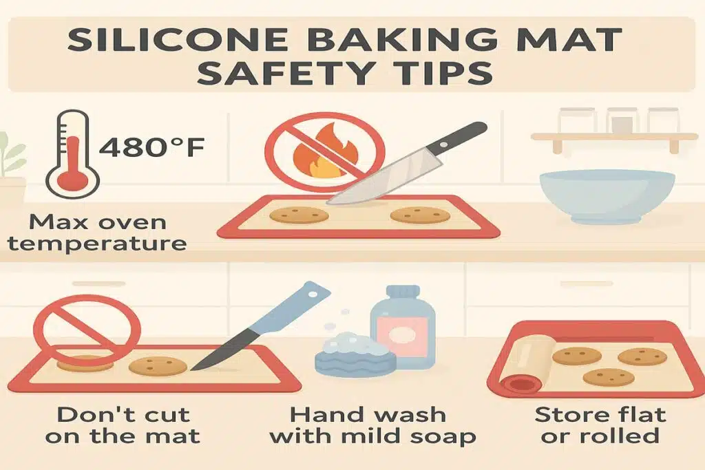 Visual checklist showing safety tips for using silicone baking mats, including temperature limits, storage advice, cutting warnings, and cleaning instructions.