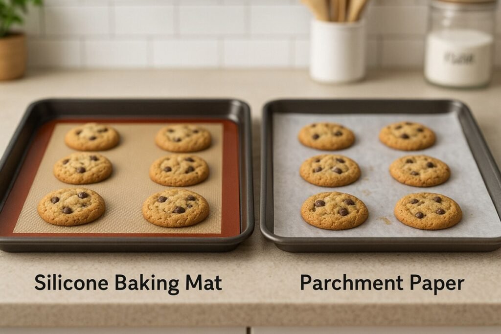 Side-by-side comparison of silicone baking mat and parchment paper on two baking trays with cookies, highlighting the differences in stickiness, reusability, and eco-friendliness.
