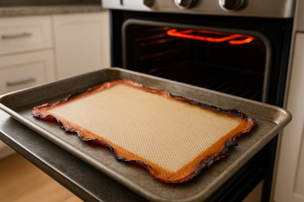 Damaged silicone baking mat with burnt edges on a tray, showing risks of overheating and using low-quality baking mats in high heat.
