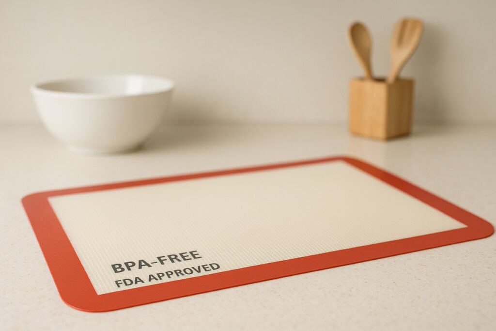 Food-grade silicone baking mat labeled BPA-free and FDA-approved, placed on a clean kitchen counter, symbolizing non-toxic, safe baking tools for families with kids.